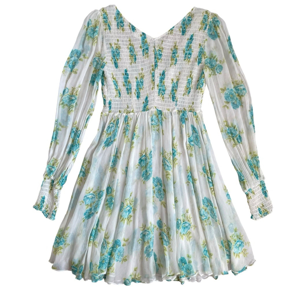 Zimmermann Silk Green White Floral Smocked Babydoll Mini Dress Size 1 M No Liner - Picture 7 of 16